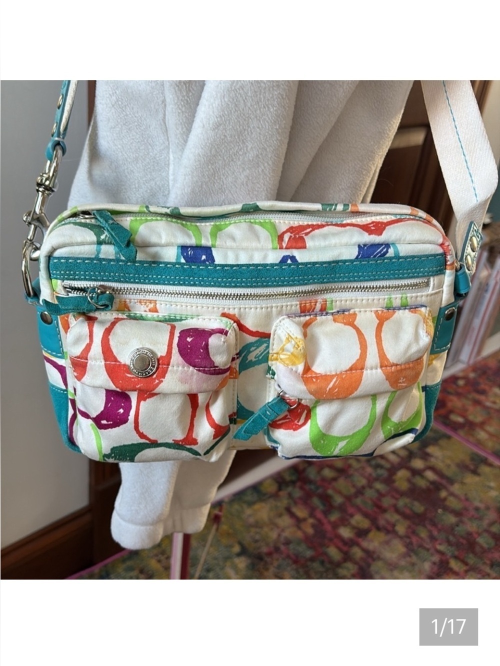 Coach  Scribbles Rare Crossbody/shoulder bag ivory  monogram pattern/teal suede